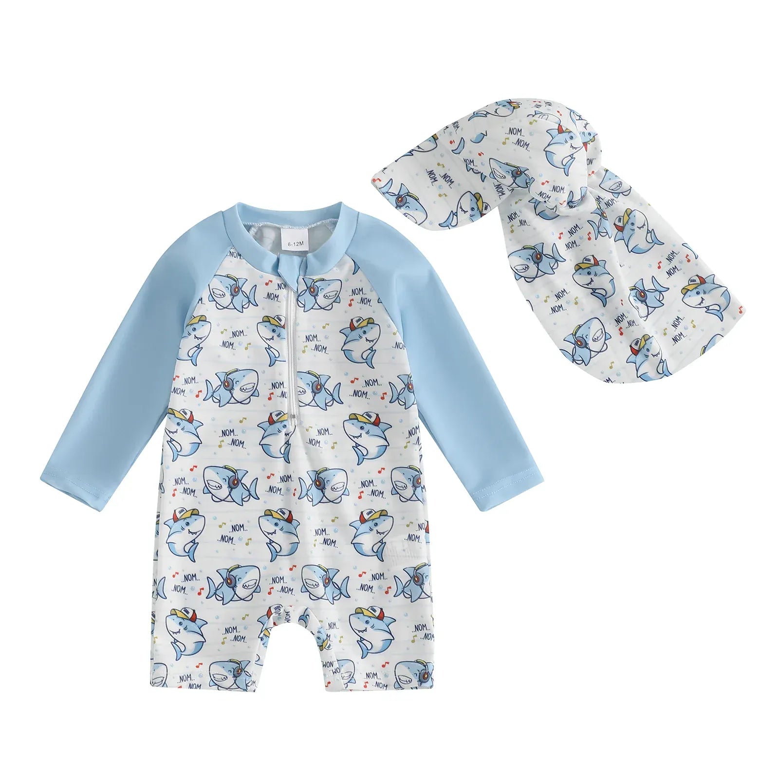 Sky Blue Zoo Print / 6-12M Baby Boy Rash Guard Swimsuit with Swim Cap
