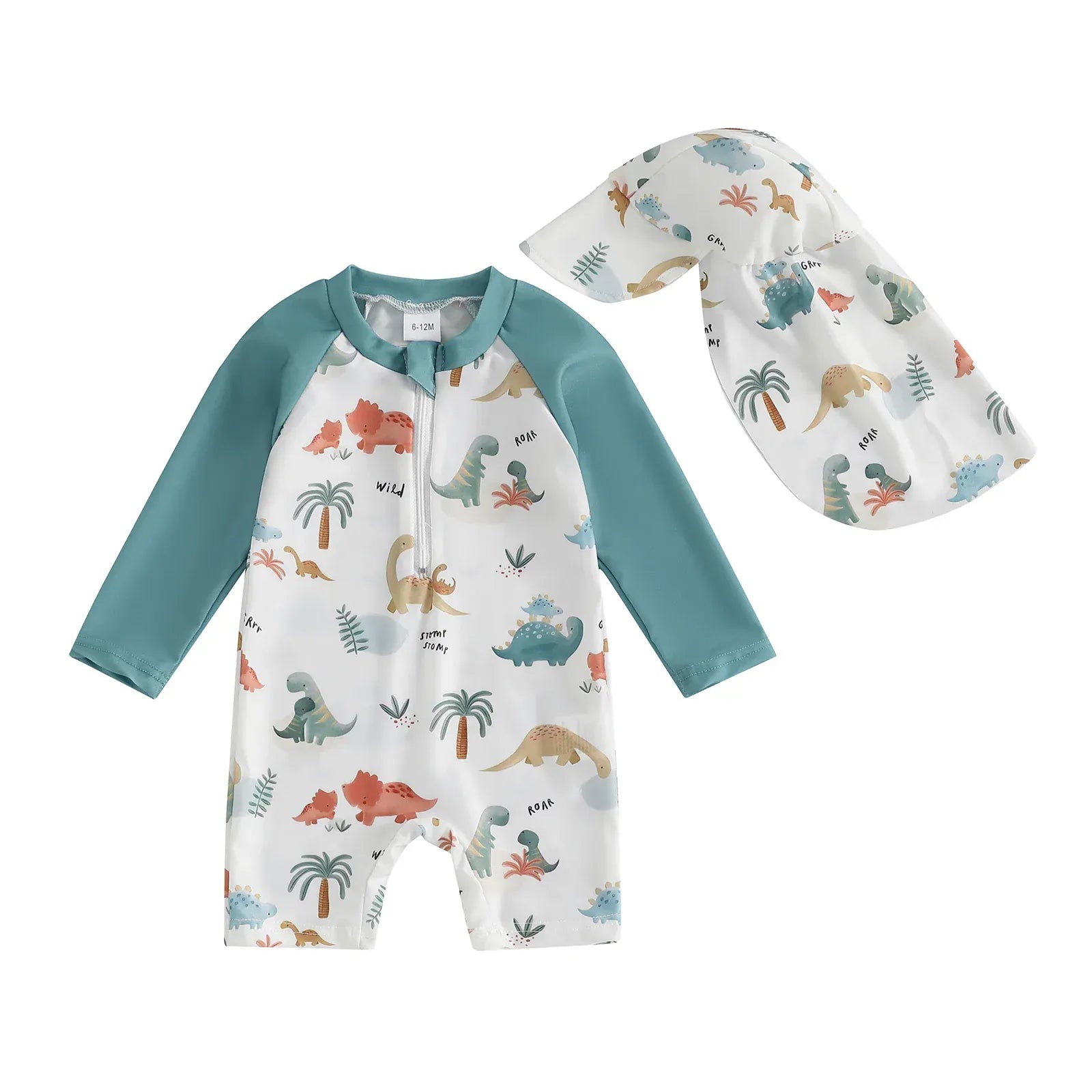 Teal Forest Animal Print / 6-12M Baby Boy Rash Guard Swimsuit with Swim Cap
