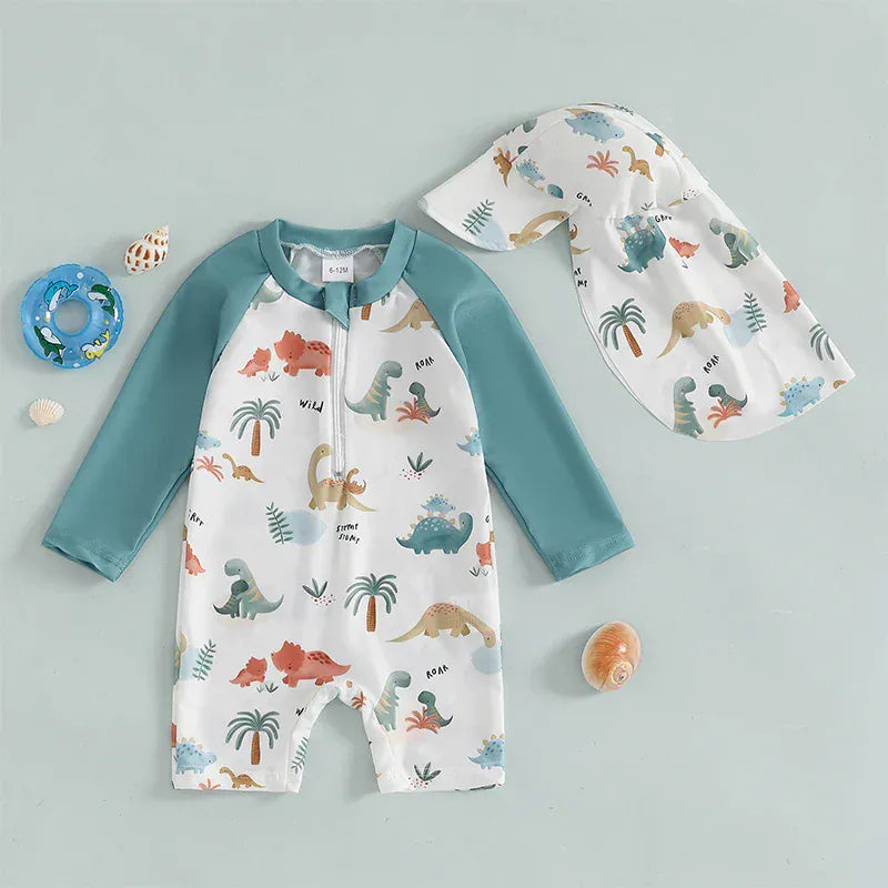 Baby Boy Rash Guard Swimsuit with Swim Cap