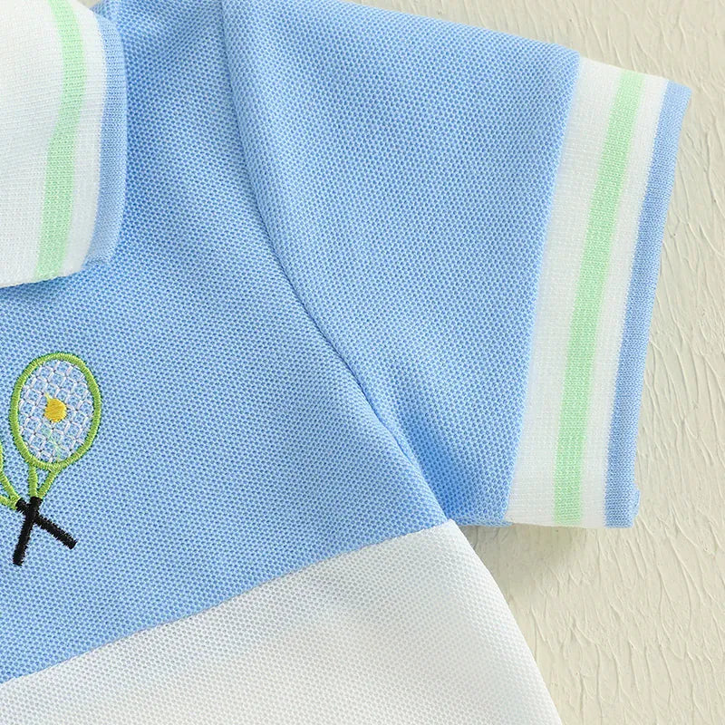 Baby Boy Tennis Ball Pattern Polo T-Shirt & Elastic Shorts 2-Piece Summer Set