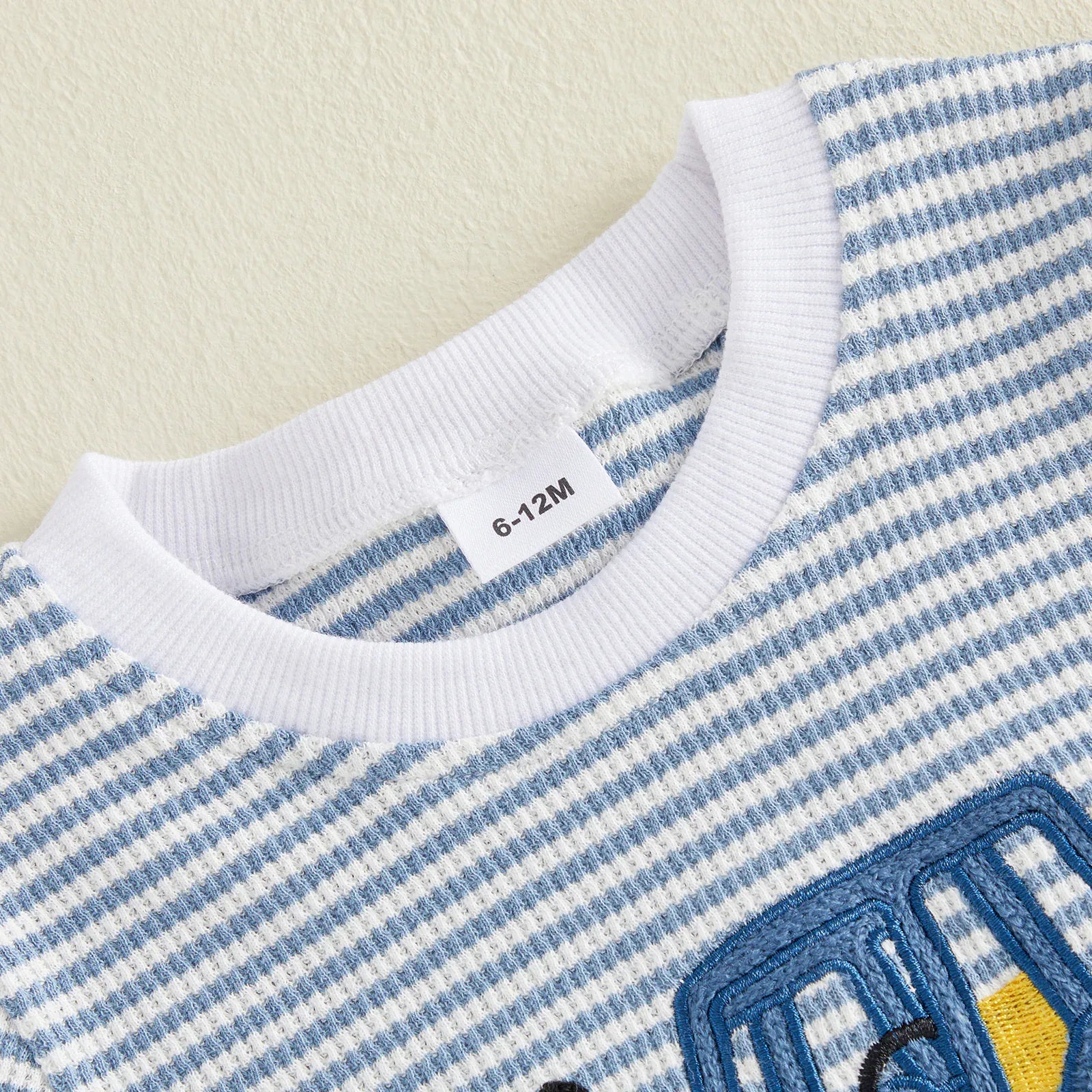 Baby Boy Vehicle Embroidery Waffle Stripe T-Shirt & Elastic Shorts 2-Piece Summer Set