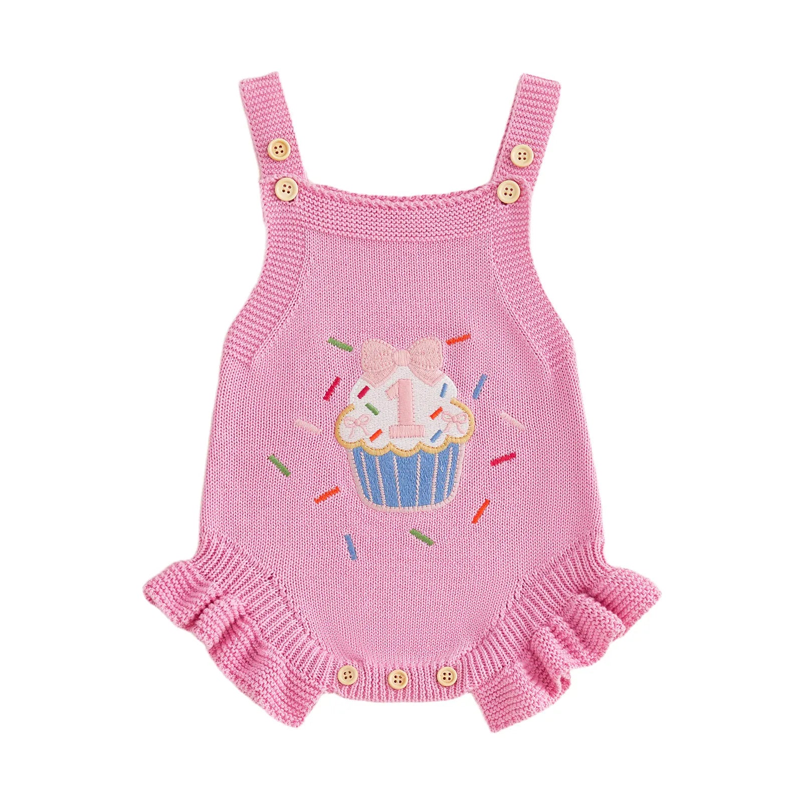 Rose Pink / 6-12M Baby Girl 1st Birthday Knit Bodysuit Embroidery Cupcake 6–18M