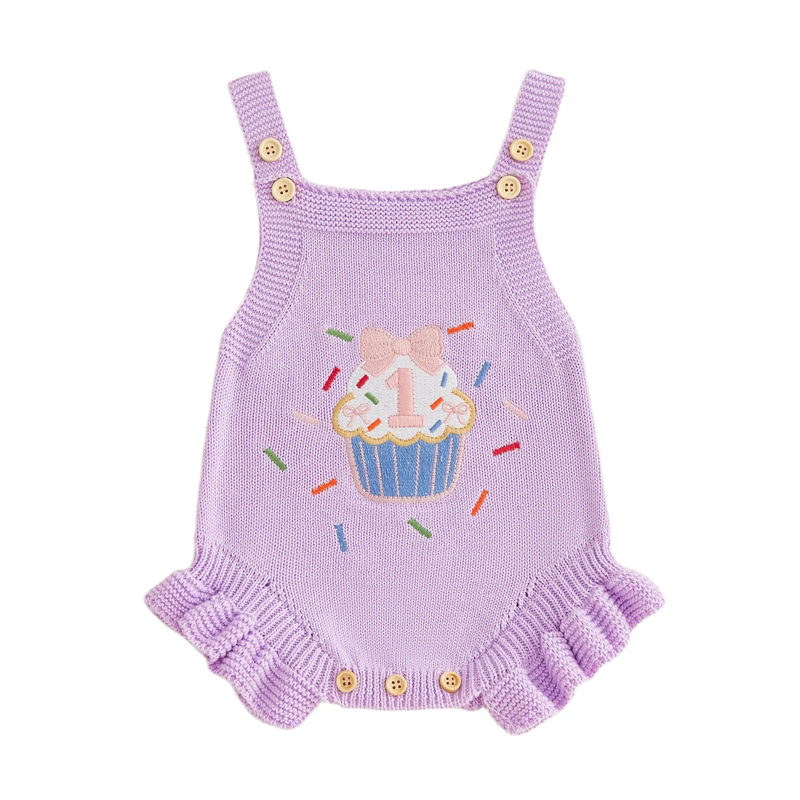 Lavender Purple / 6-12M Baby Girl 1st Birthday Knit Bodysuit Embroidery Cupcake 6–18M