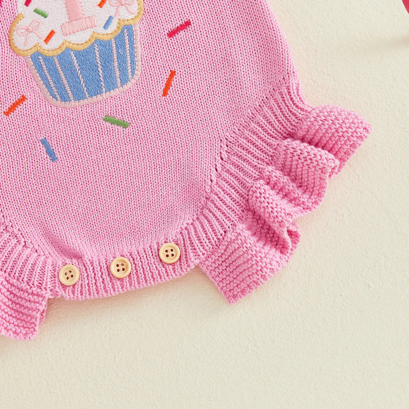 Baby Girl 1st Birthday Knit Bodysuit Embroidery Cupcake 6–18M