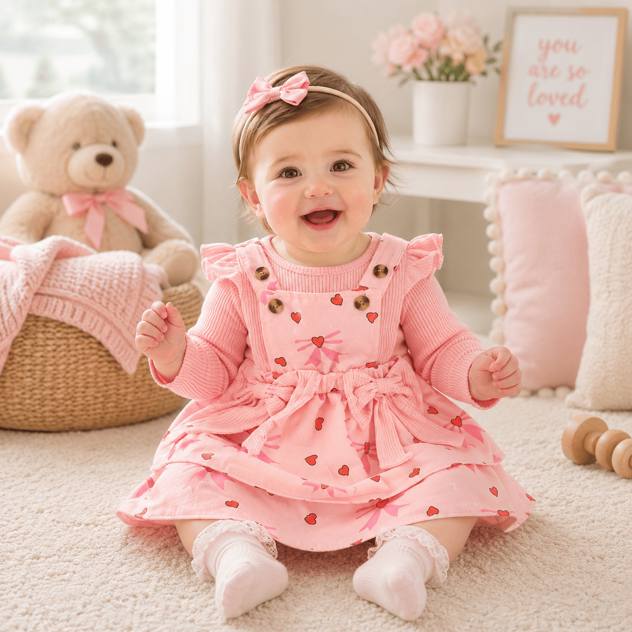 Baby Girl 3-Piece Fall Set | Ribbed Romper + Floral Overall Skirt + Hair Band