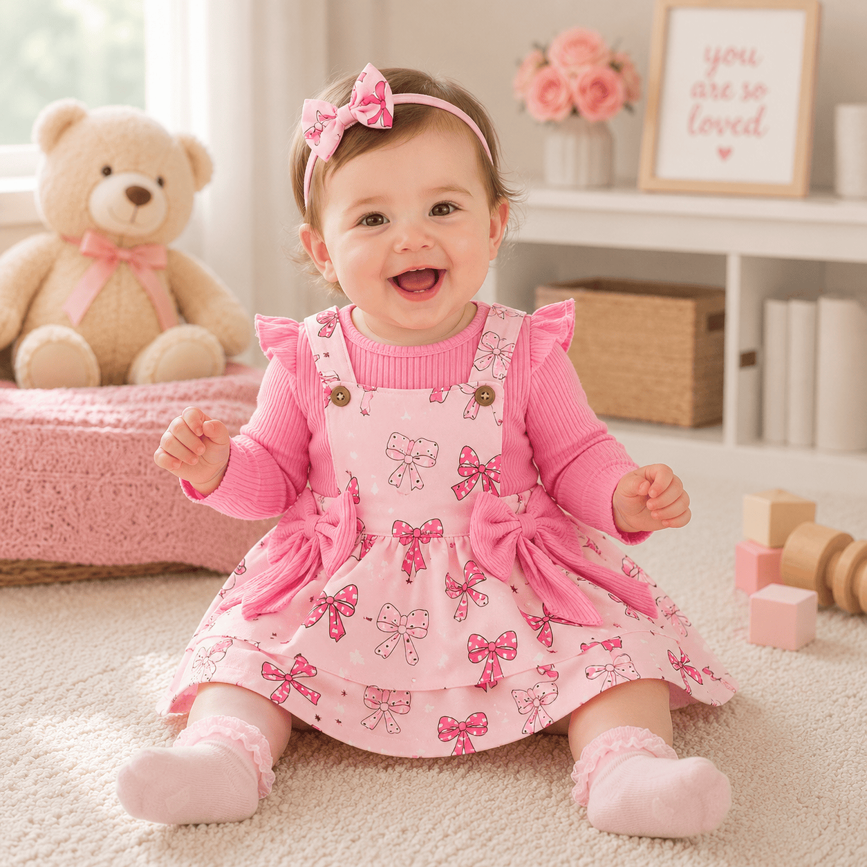Baby Girl 3-Piece Fall Set | Ribbed Romper + Floral Overall Skirt + Hair Band