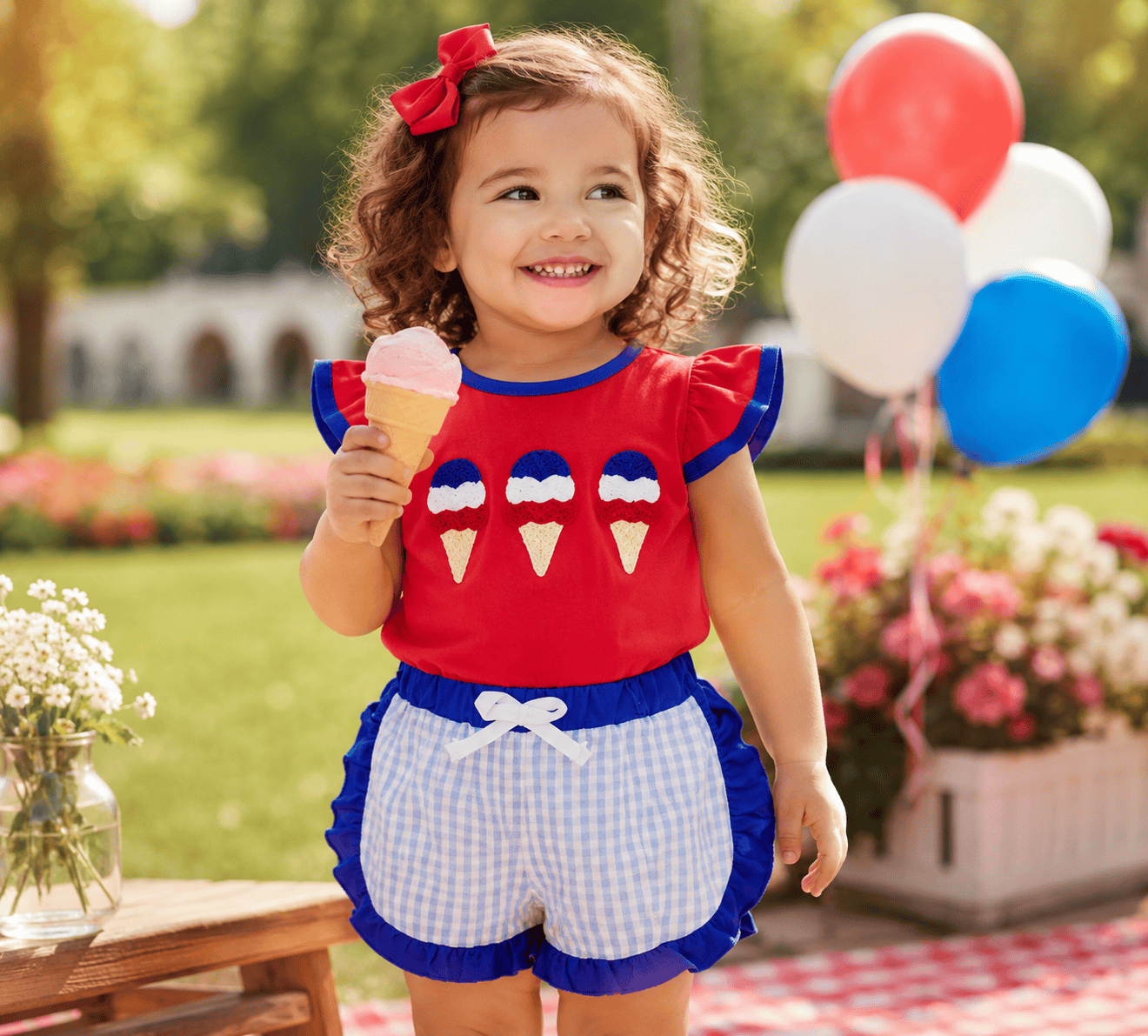 Baby Girl 4th of July Embroidery Top & Shorts Set
