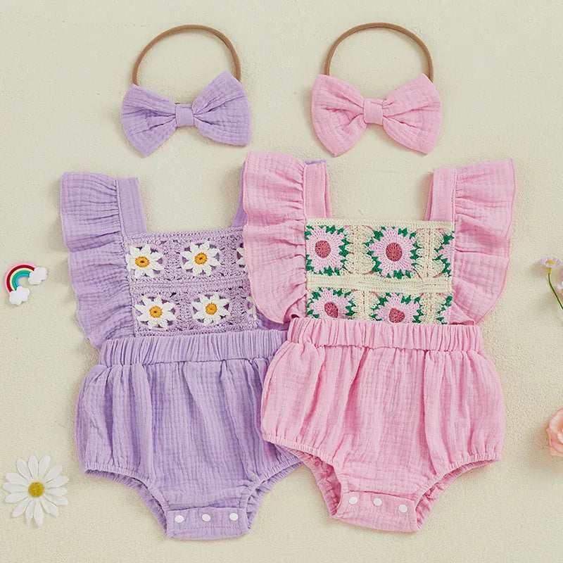 Baby Girl Crochet Flower Smocked Ruffle Romper & Headband Set