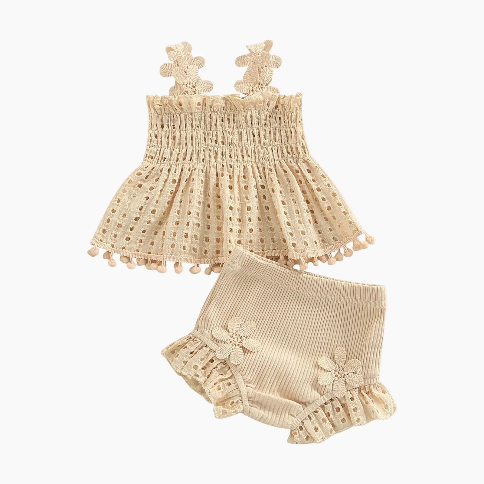 3M Baby Girl Eyelet Smocked Pom-Pom Tank Top & Ruffle Shorts 2-Piece Set