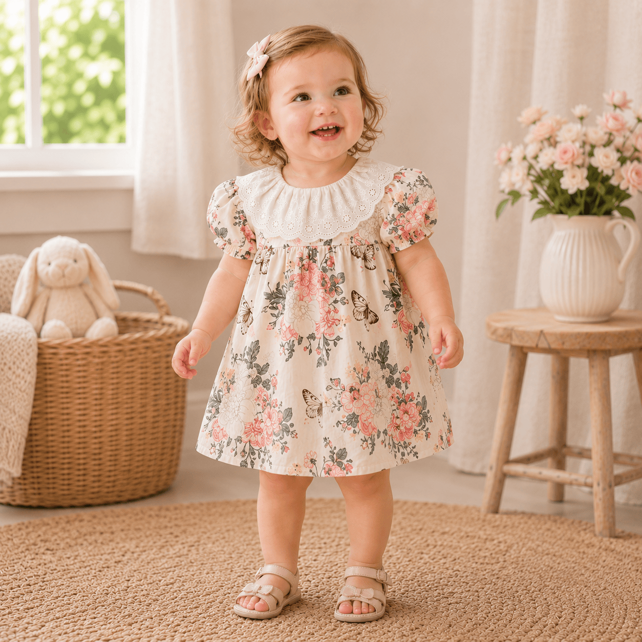 Baby Girl Floral Cotton Puff Sleeve Top & Bloomers 2-Piece Set
