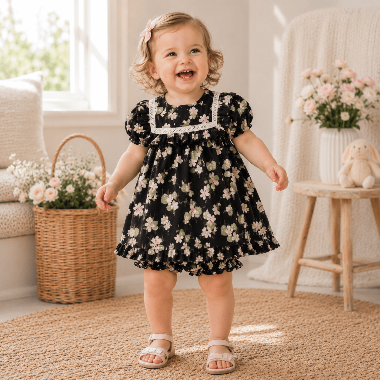 Baby Girl Floral Cotton Puff Sleeve Top & Bloomers 2-Piece Set