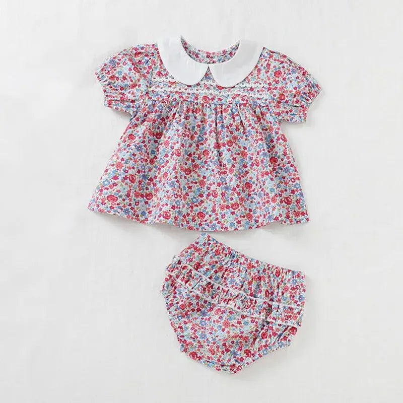 Red floral / 3-6M Baby Girl Floral Cotton Puff Sleeve Top & Bloomers 2-Piece Set