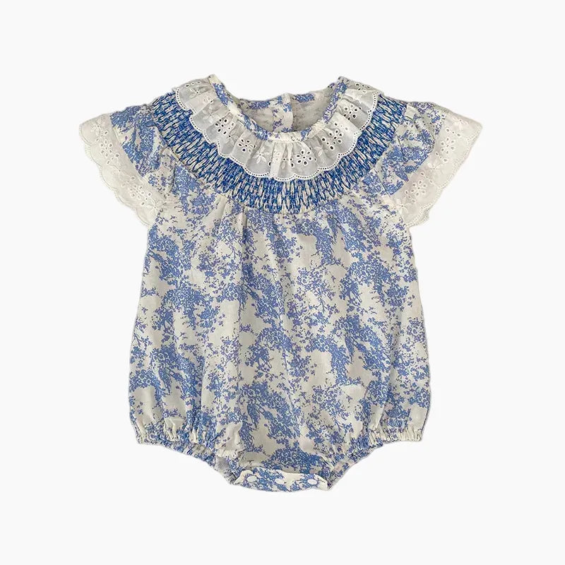 Blue / 3M Baby Girl Floral Lace Collar Cotton Romper