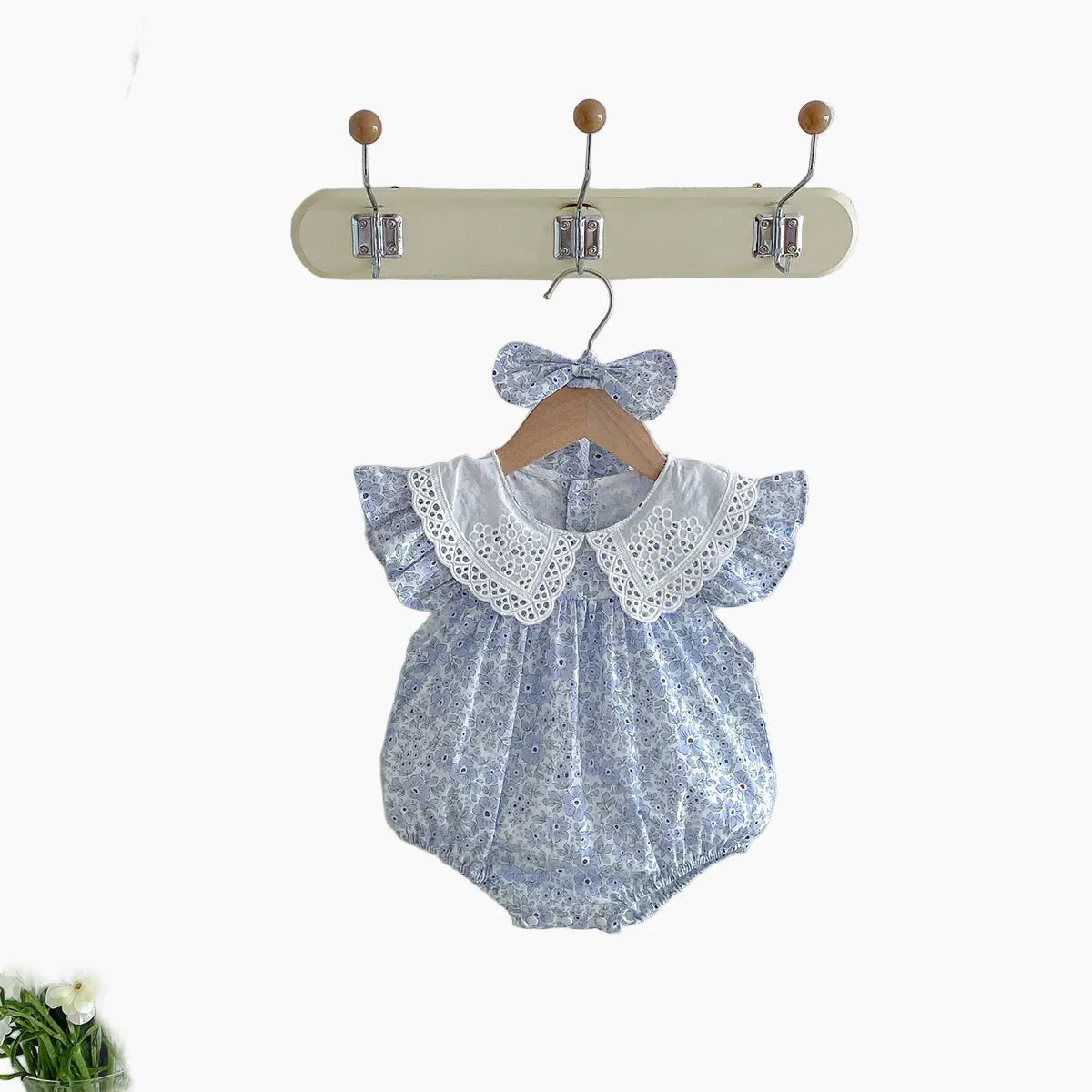 Baby Girl Floral Lace Doll Collar Flutter Sleeve Romper & Headband Set
