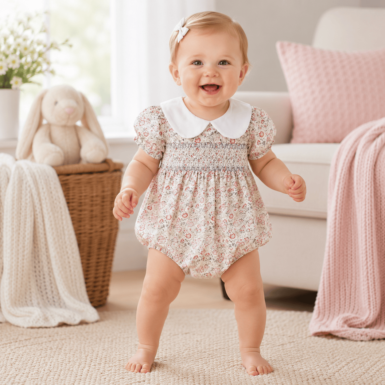 Baby Girl Floral Smocked Doll Collar Puff Sleeve Romper
