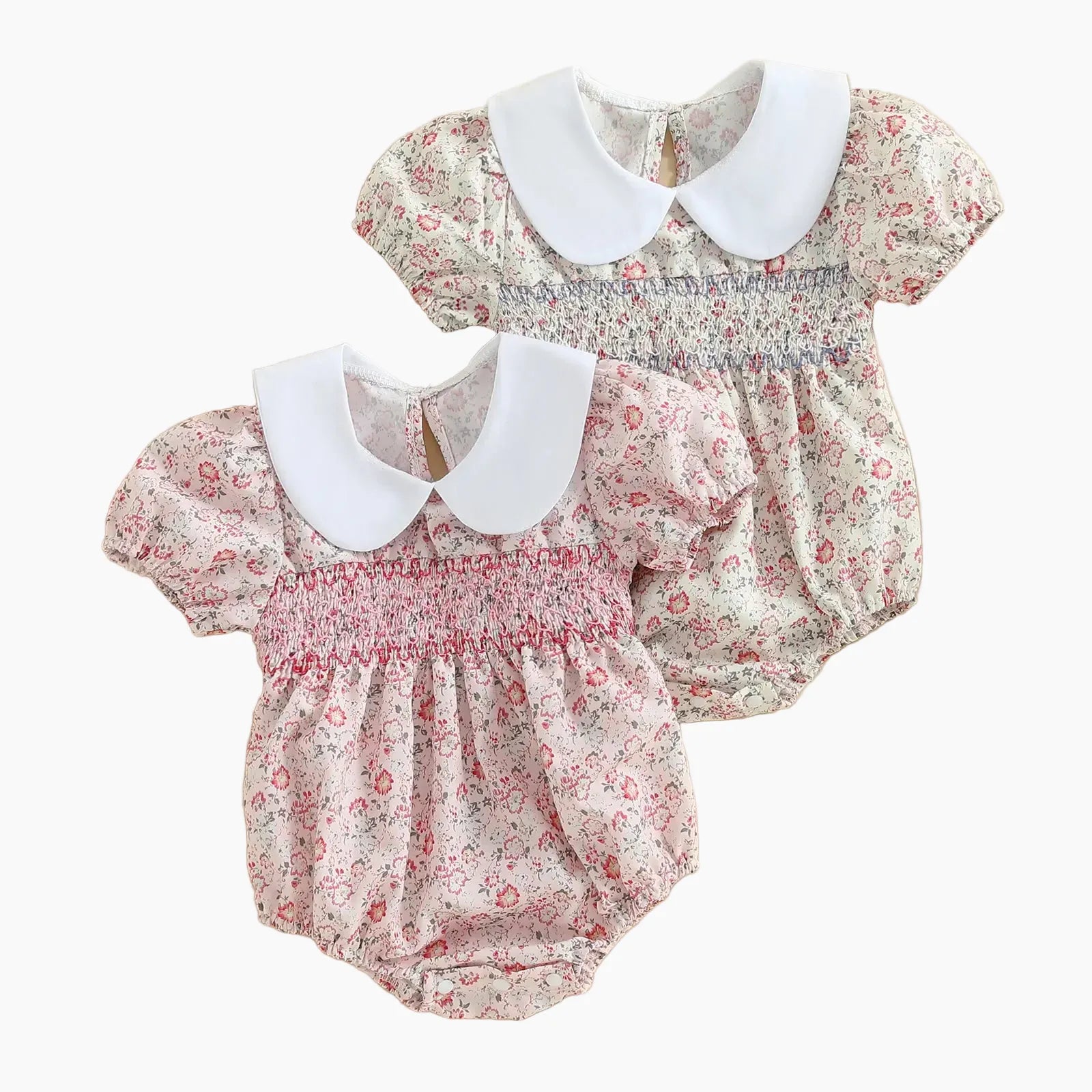 Baby Girl Floral Smocked Doll Collar Puff Sleeve Romper