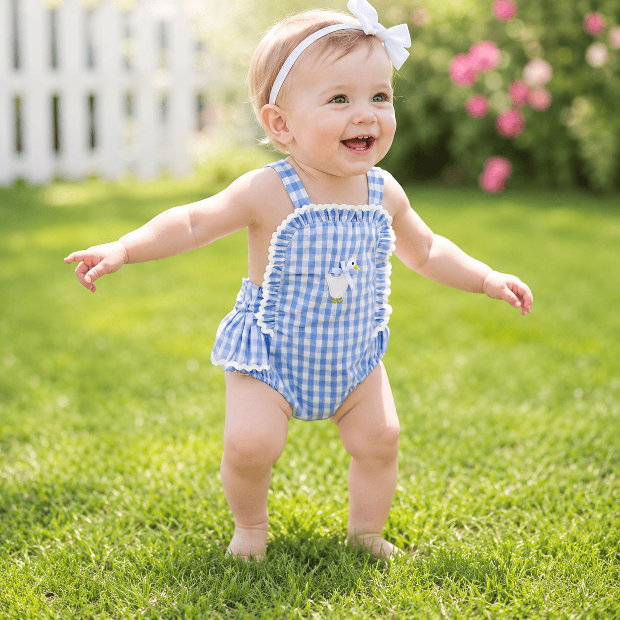 Baby Girl Plaid Duck Embroidery Bow Backless Sleeveless Romper