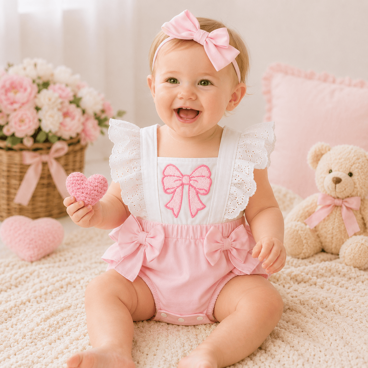 Baby Girl Puff Sleeve Romper Dress & Headband Set