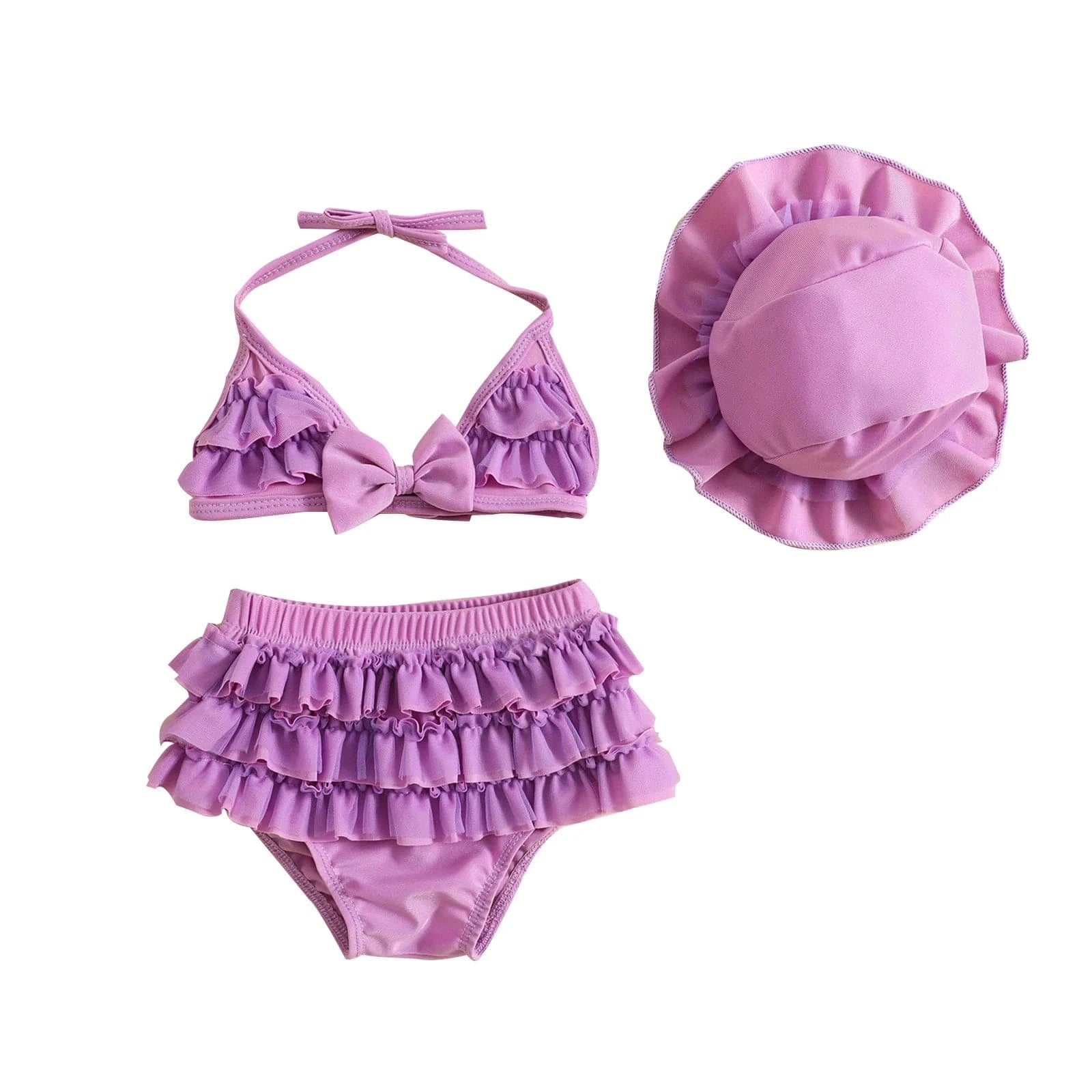 Purple / 0-6M Baby Girl Ruffle Bikini Set with Hat