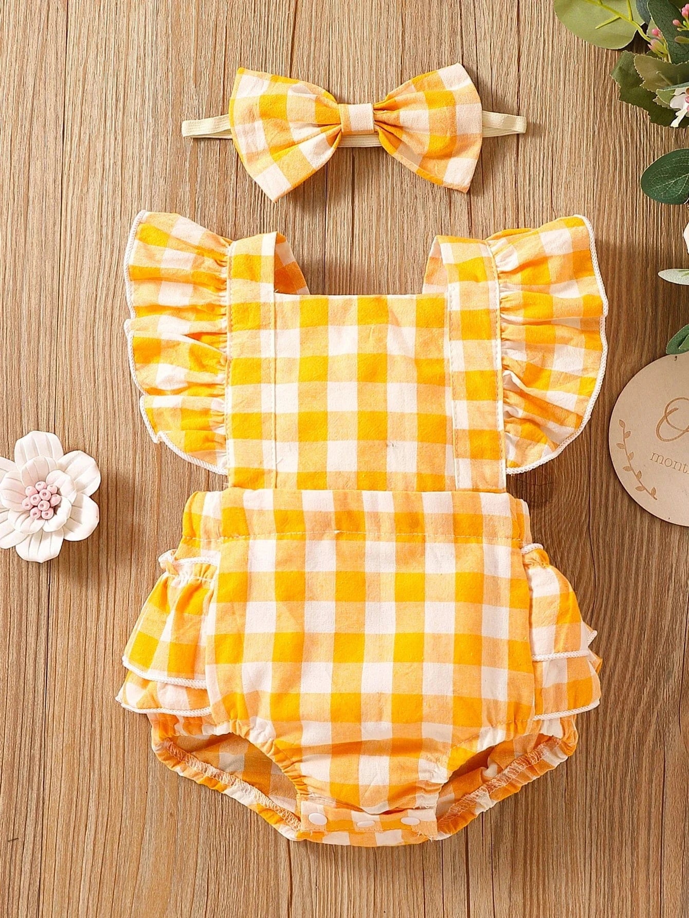 Yellow / 0-6M Baby Girl Ruffle Plaid Romper with Matching Headband