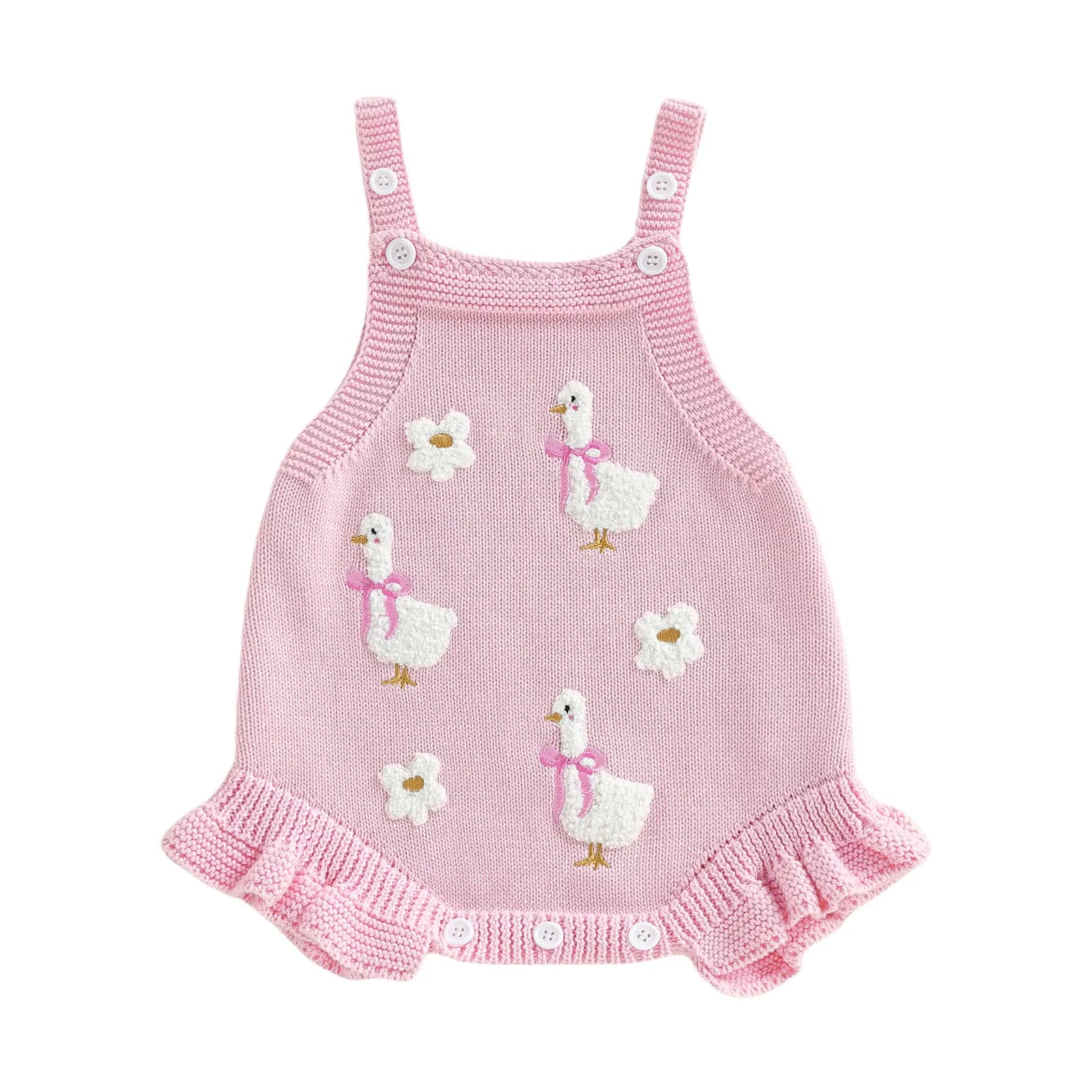 Blush Pink / 0-3M Baby Girl Sleeveless Duck & Flower Knit Overall Bodysuit