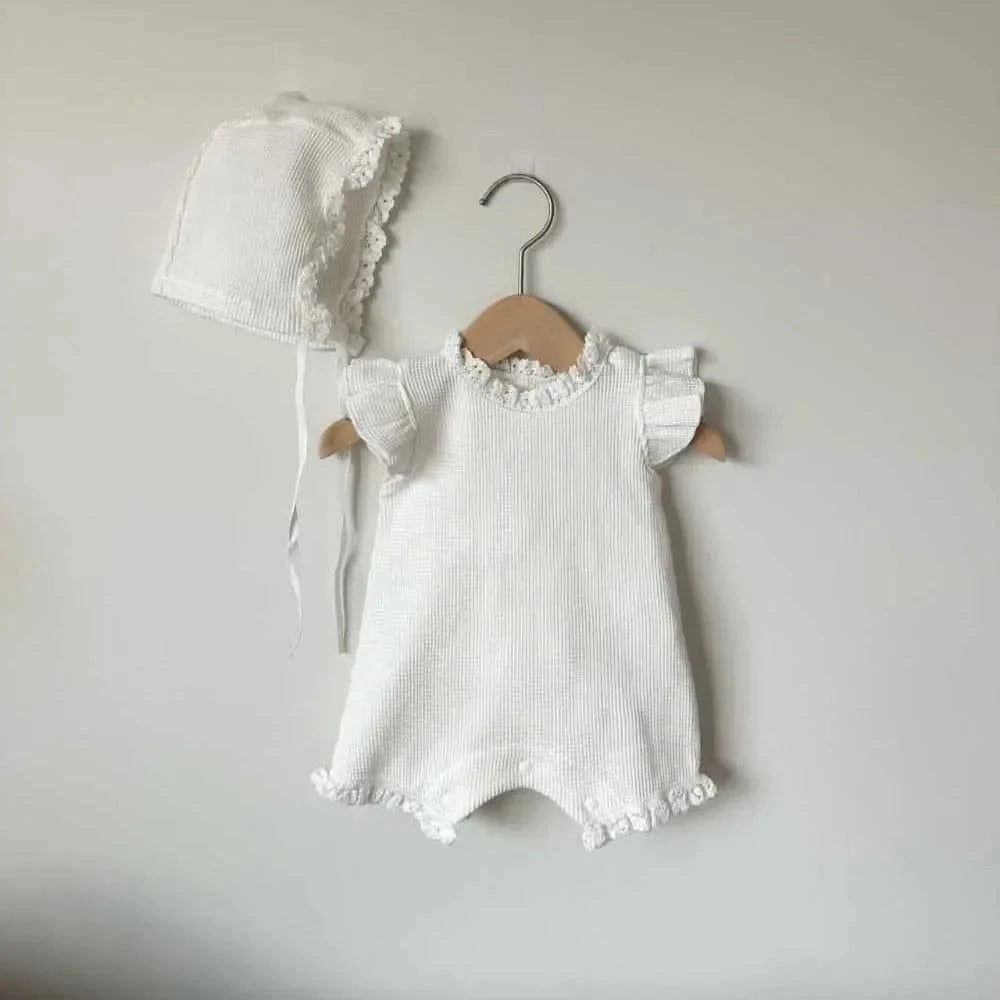 White Short Sleeve / 0-6M Baby Girl Summer Romper with Hat