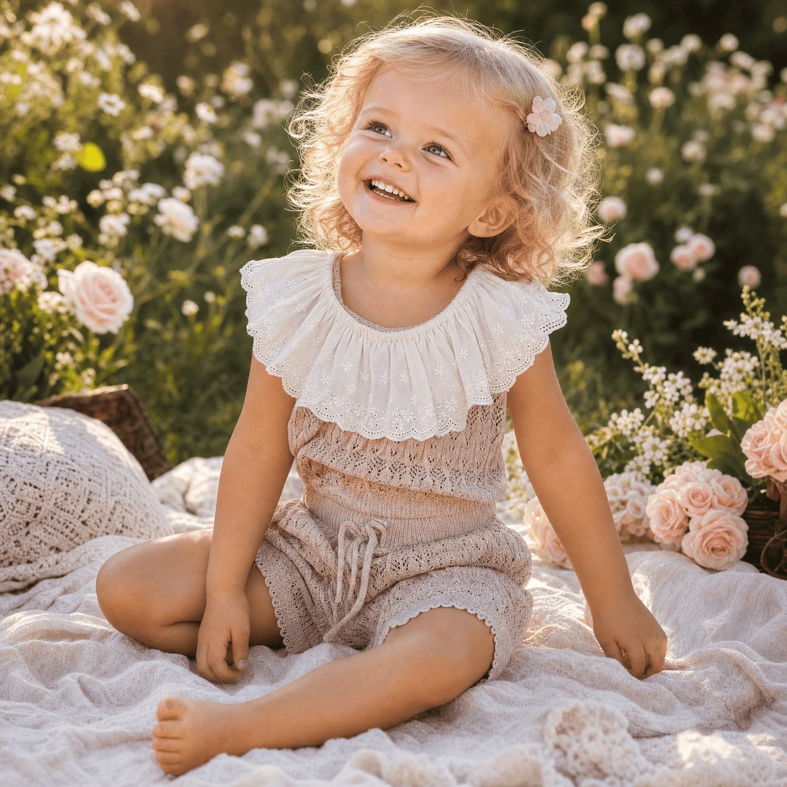 Baby Girls Hollow Knit Lace Collar Vest & Shorts Set