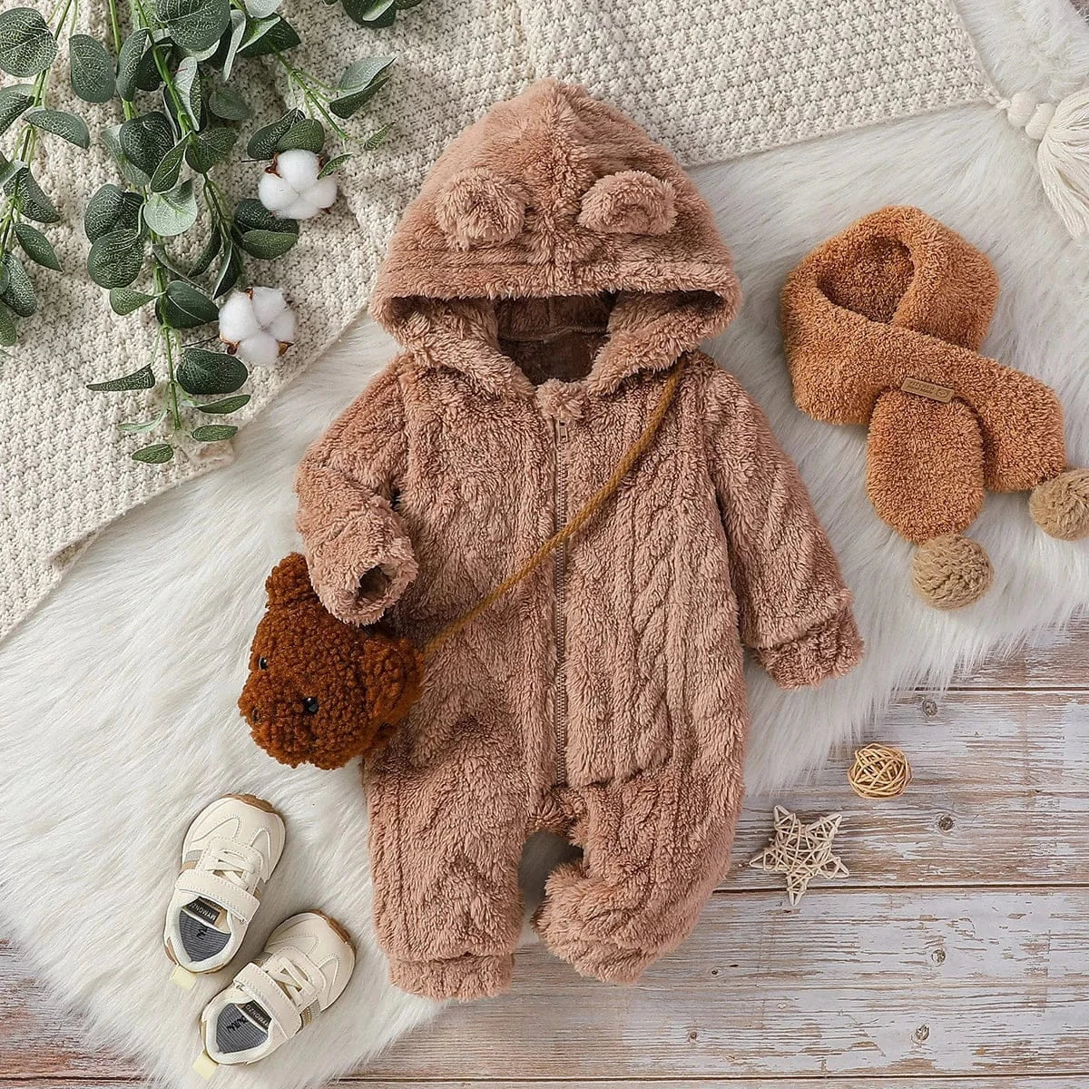 Warm Brown / 0-1M Baby Winter Plush Hooded Jumpsuit