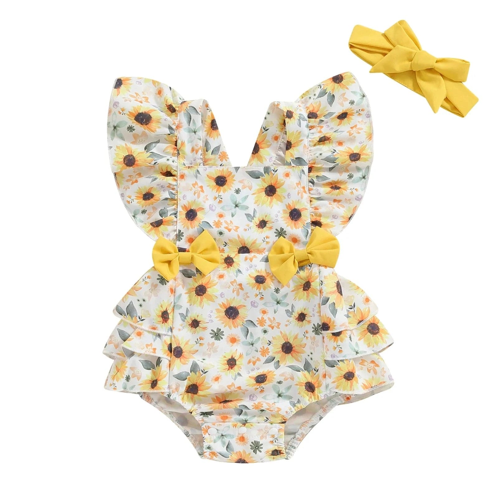 Yellow / 0-3M Backless Daisy Print Baby Romper