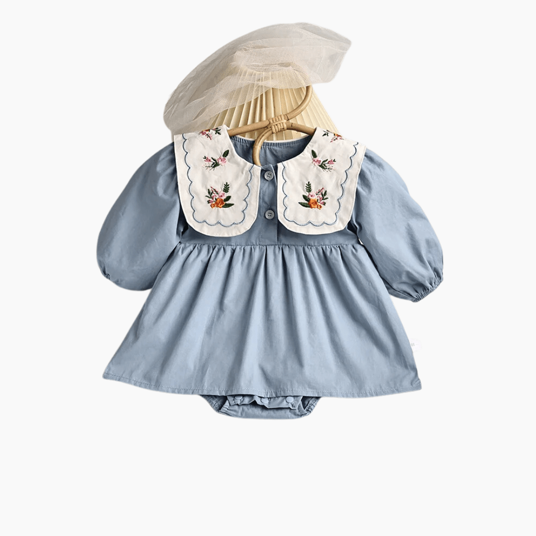 Girl's Clothing Blue Embroidered Collar Bodysuit Dress