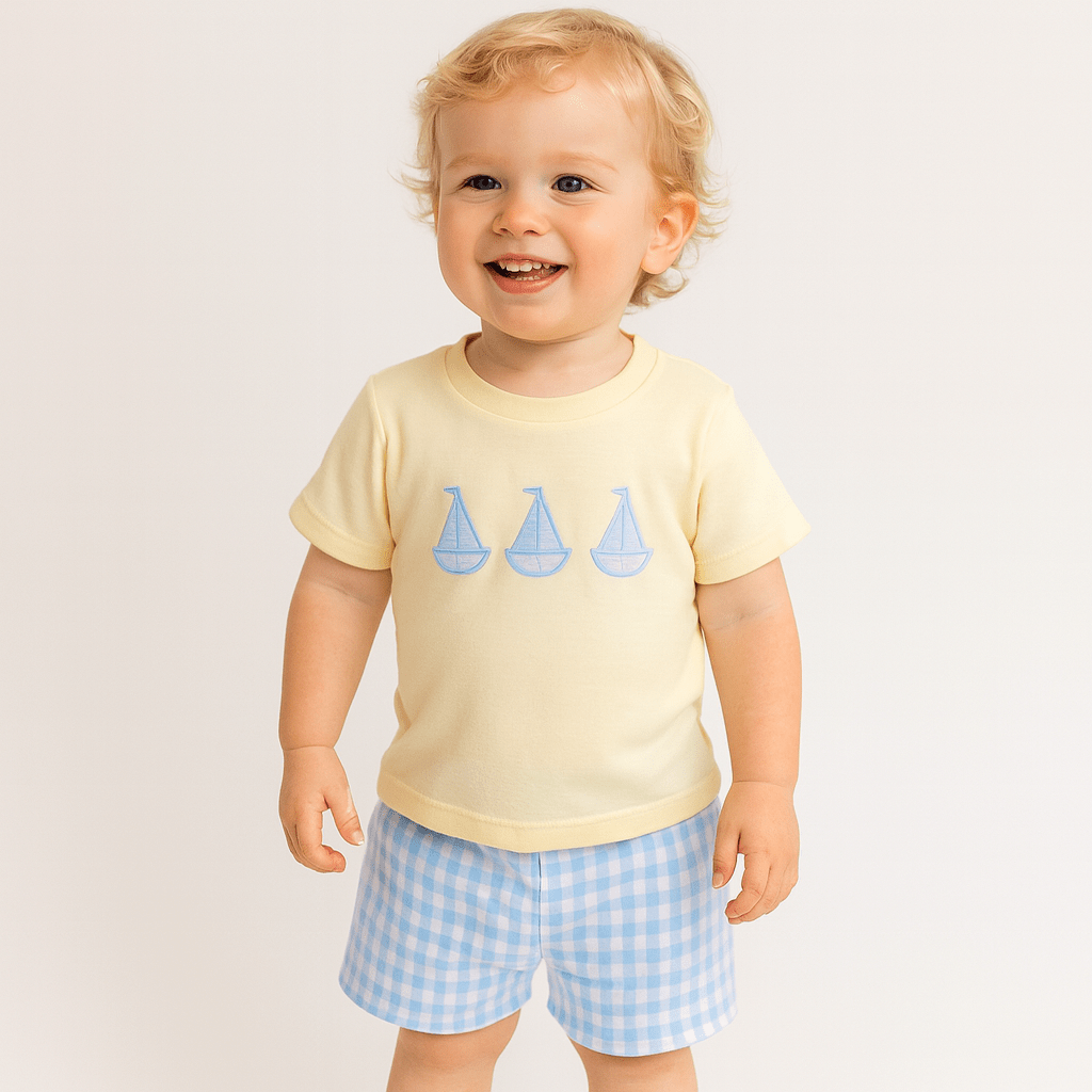 Boat Print T-Shirt and Plaid Shorts Set