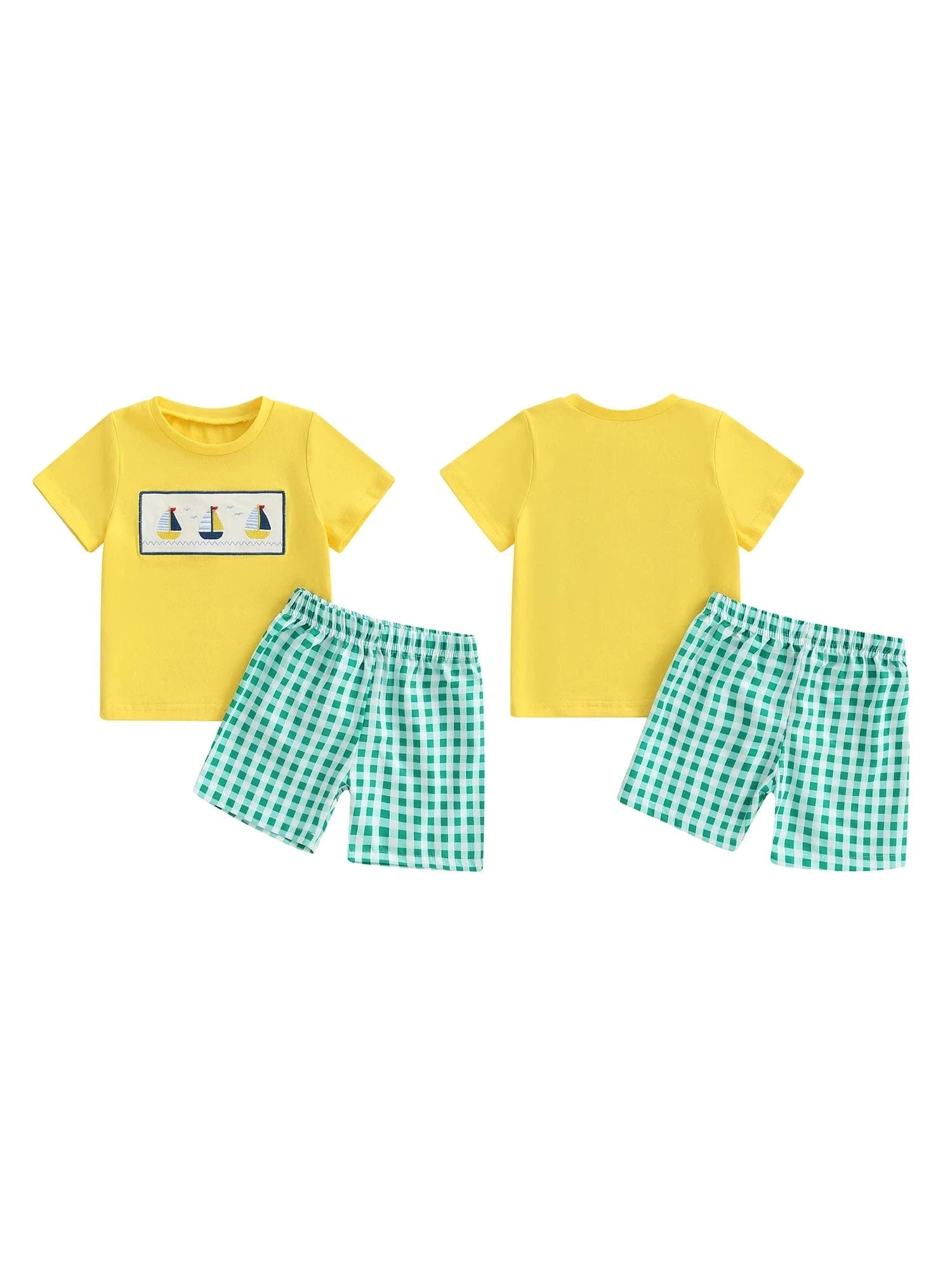 Boat Print T-Shirt and Plaid Shorts Set