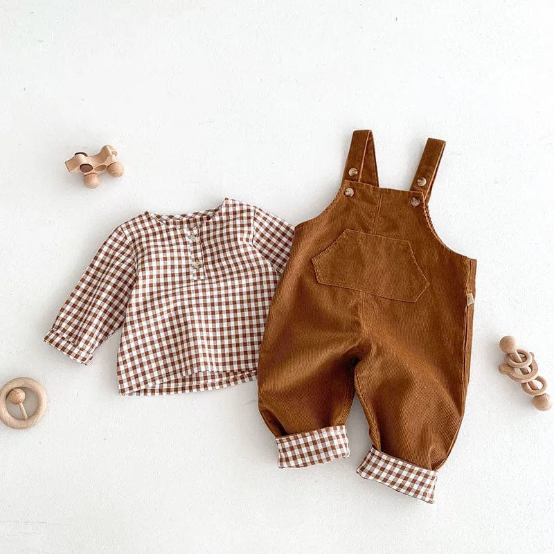 Brown Corduroy Overalls with Checkered Shirt