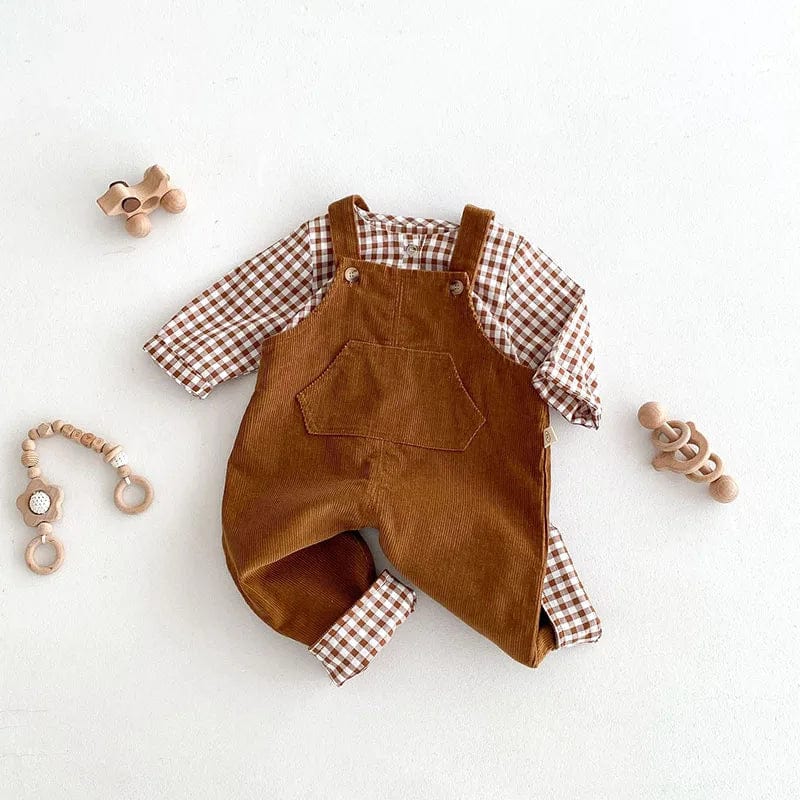 Brown Corduroy Overalls with Checkered Shirt