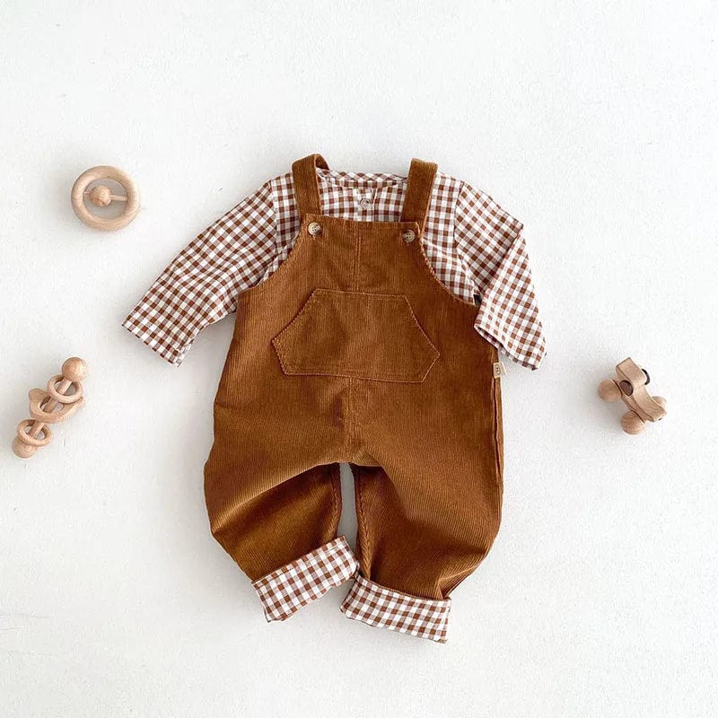 Set / 9M Brown Corduroy Overalls with Checkered Shirt
