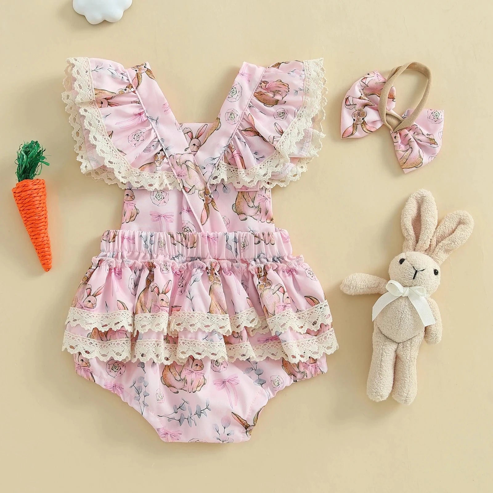 Bunny Print Lace Bodysuit with Headband