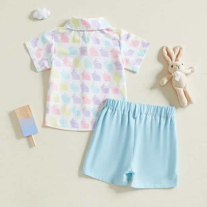 Bunny Print Shirt and Bow Tie with Shorts