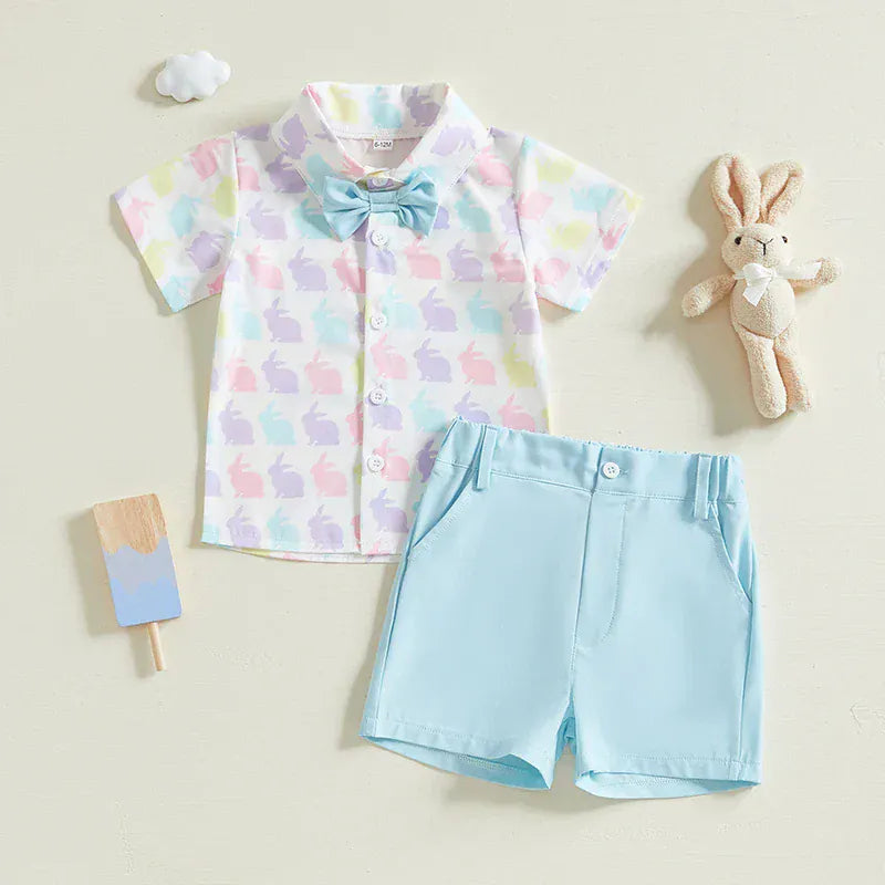 Bunny Print Shirt and Bow Tie with Shorts