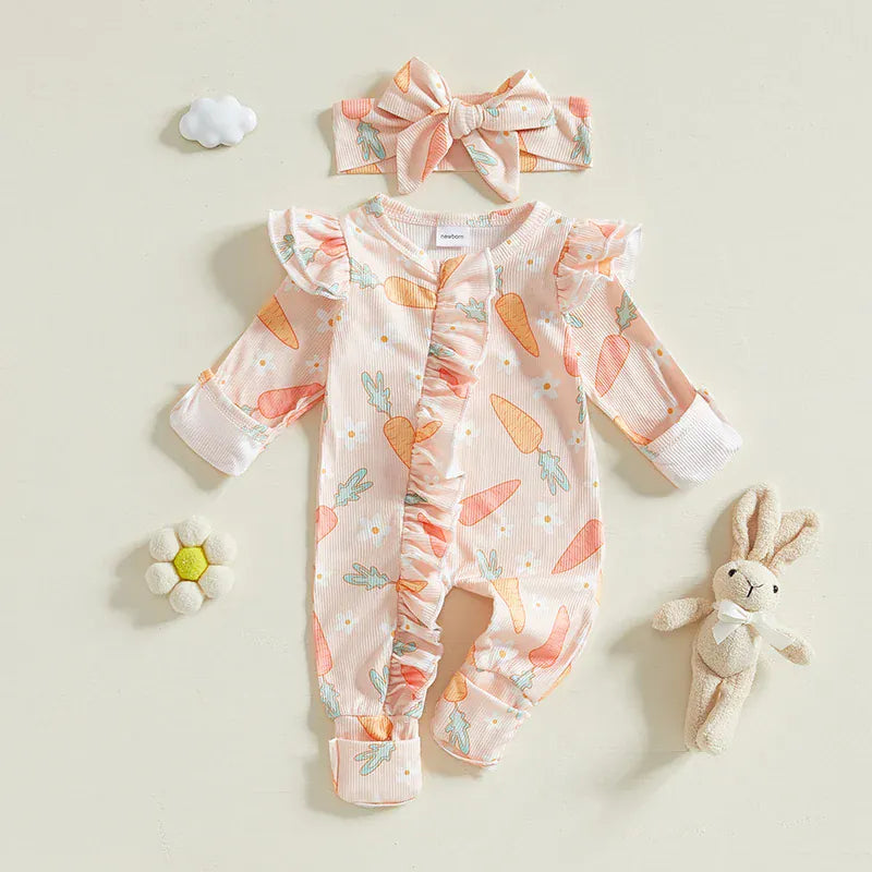 Newborn Carrot Print Ruffle Romper & Headband Set