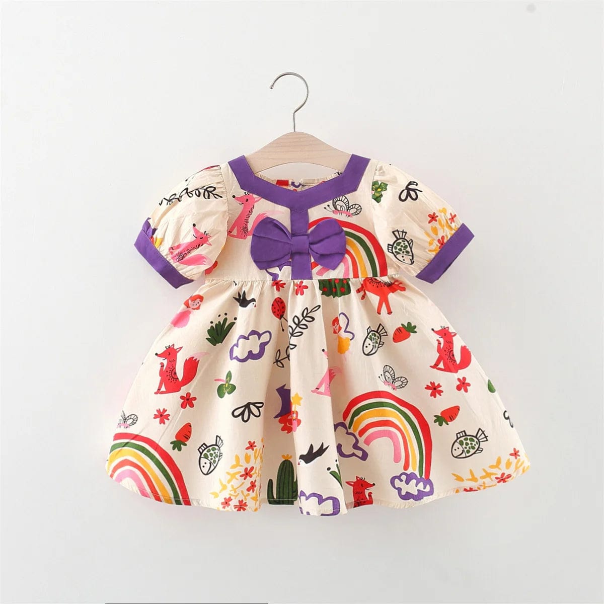 Beige / 12(2-3Y) Cartoon Rainbow Animal Print Bow D