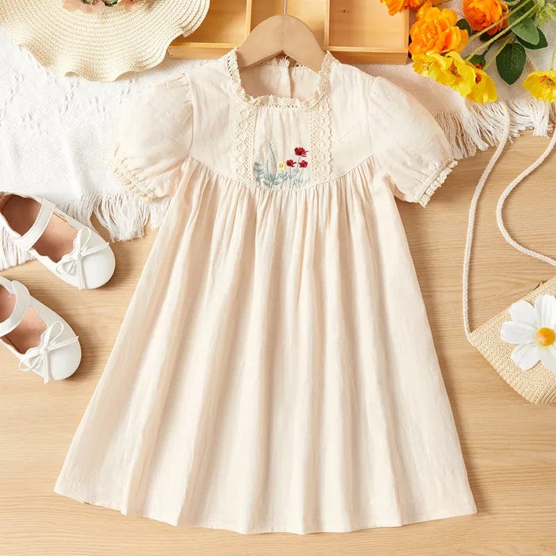 Beige / 2T size 90 Casual Embroidered Floral Dress