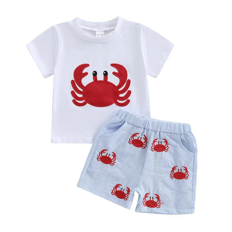 White Crab Tee + Blue Shorts / 3-6M Crab & Crawfish Print Shorts Set