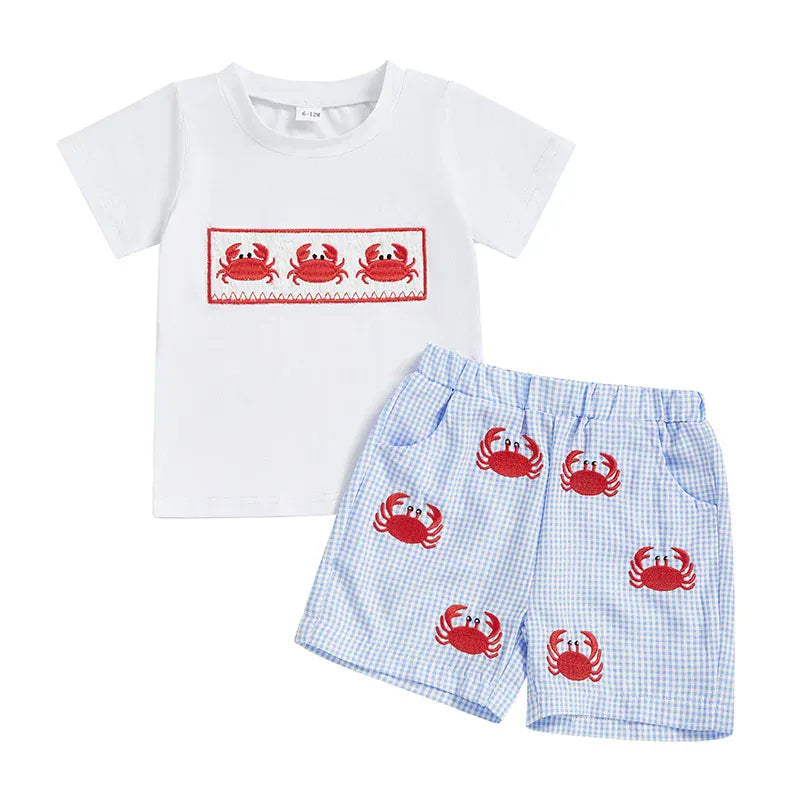 White Crab Text Tee + Blue Shorts / 3-6M Crab & Crawfish Print Shorts Set
