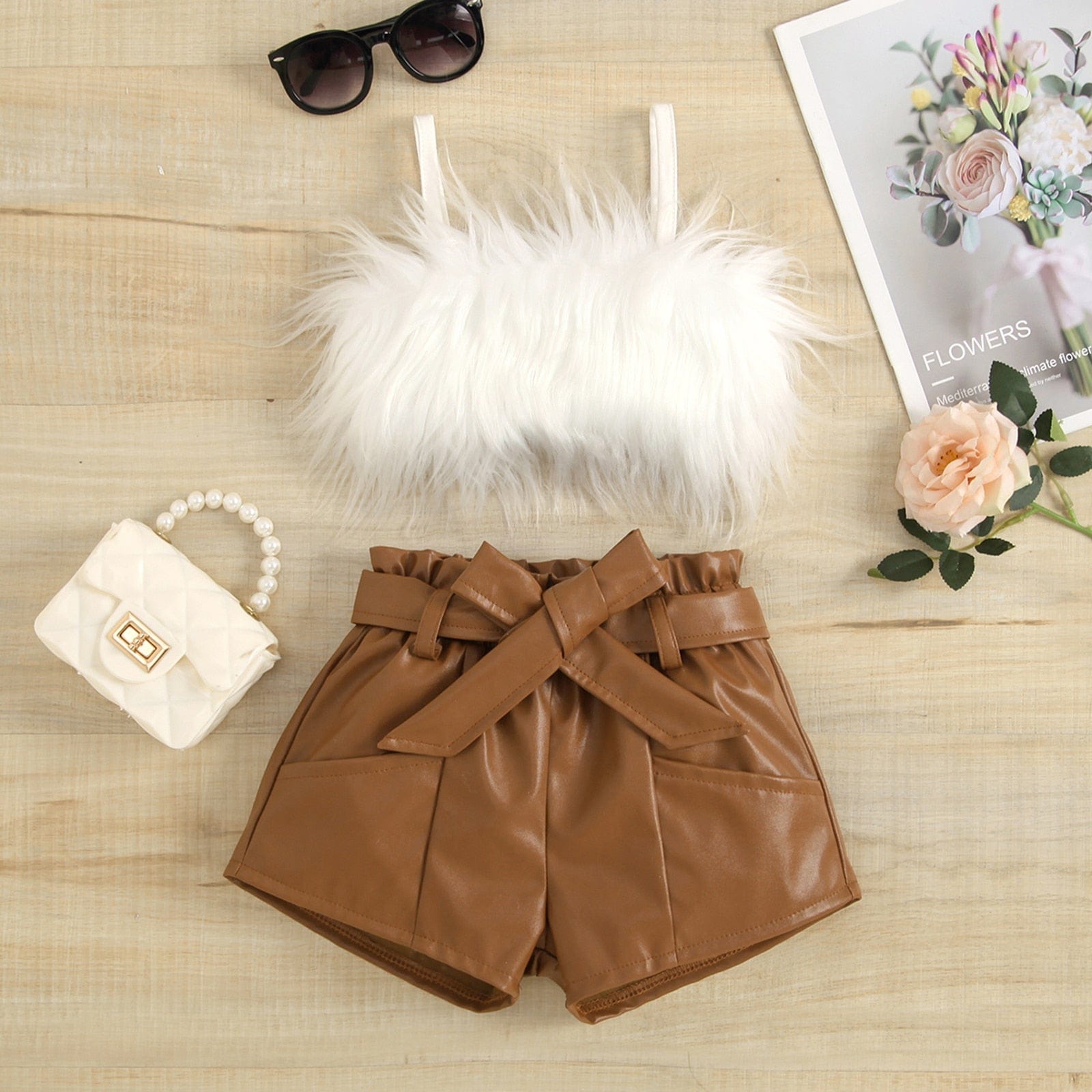 Crop Tops+PU Leather Belt Shorts