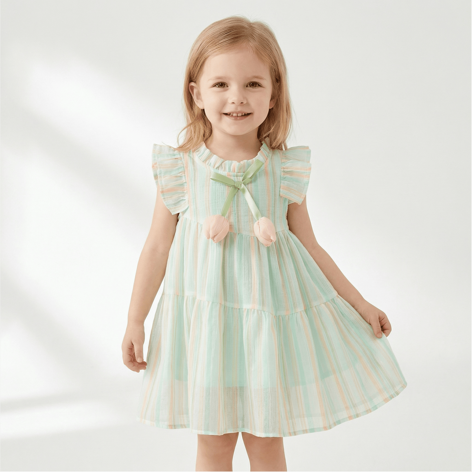 Cute Tulip Fly Sleeve Girl Beach Dress & Hat