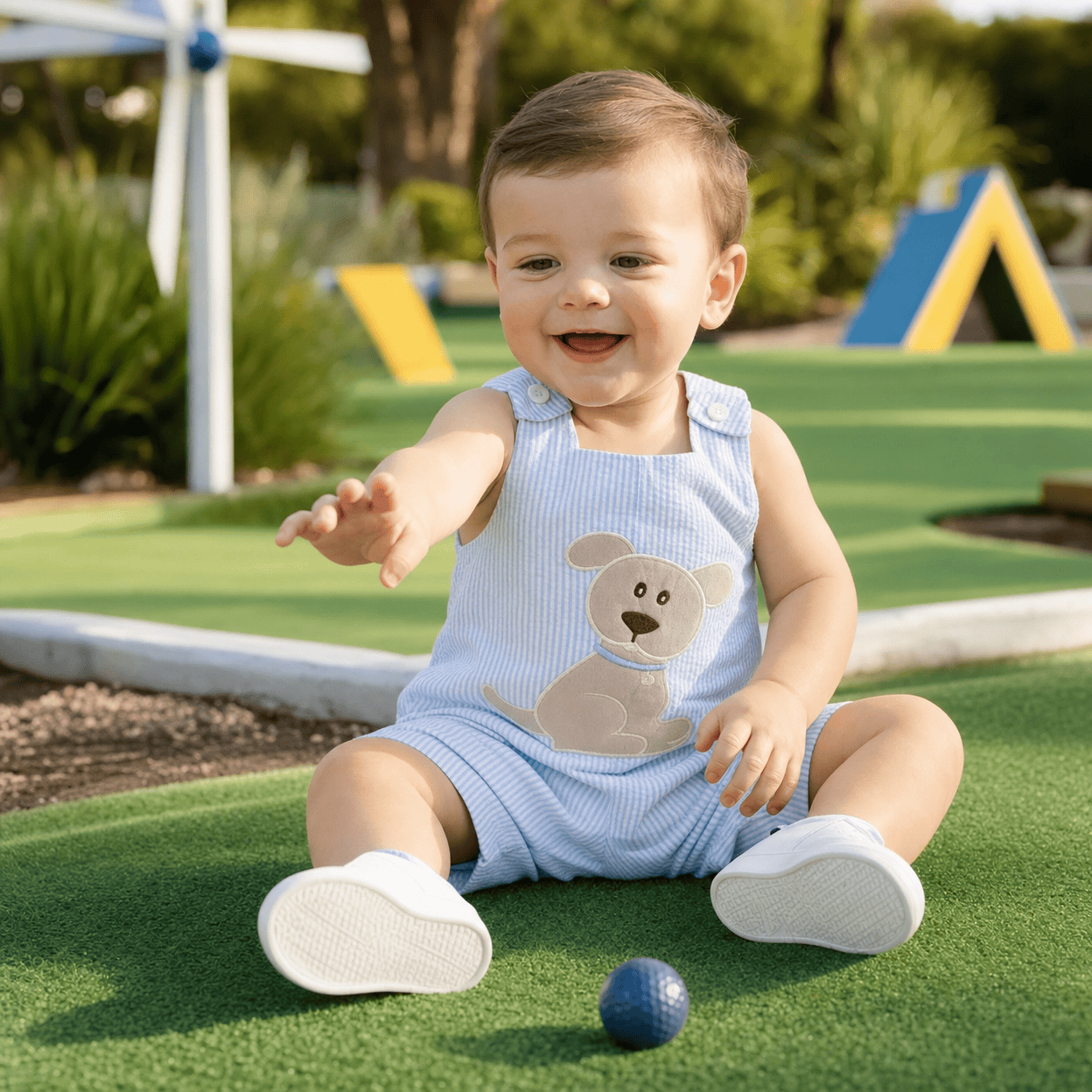 Dog Embroidered Seersucker Overalls for Toddlers
