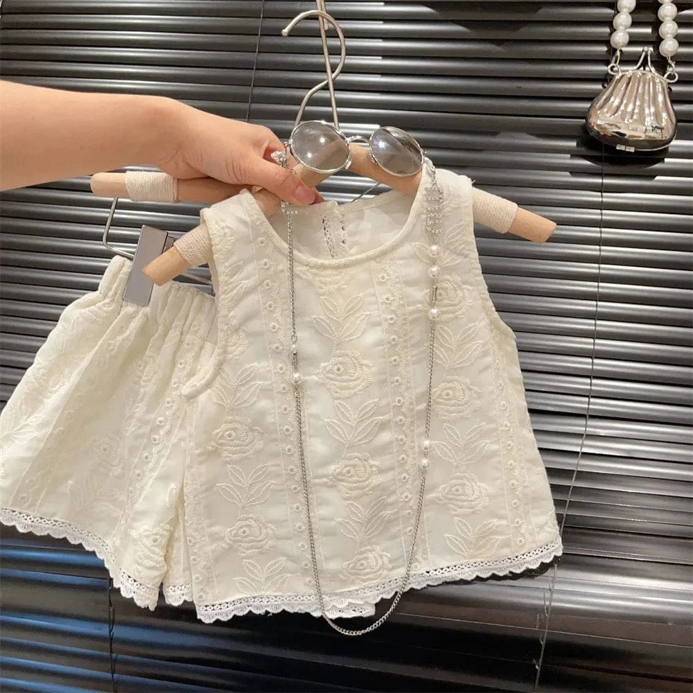 Elegant Embroidered Lace Vest and Shorts Set