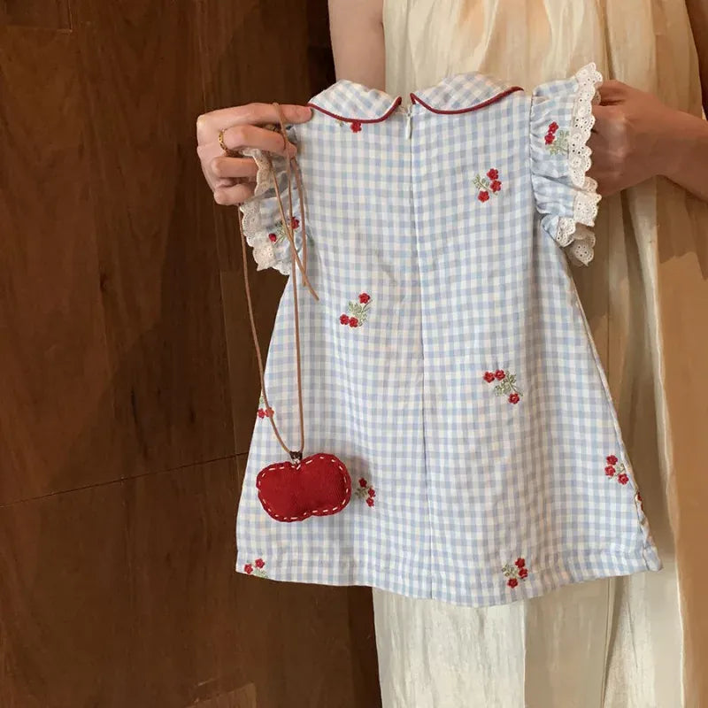 Embroidered Cherry Design dress and Matching Bag