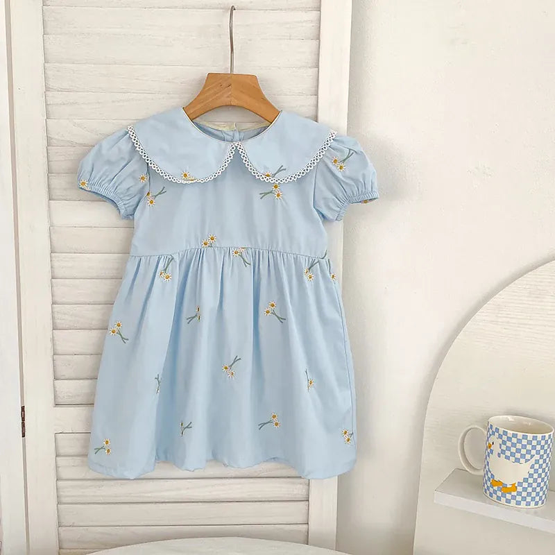 Blue / 2T Embroidered Peter Pan Collar Dress