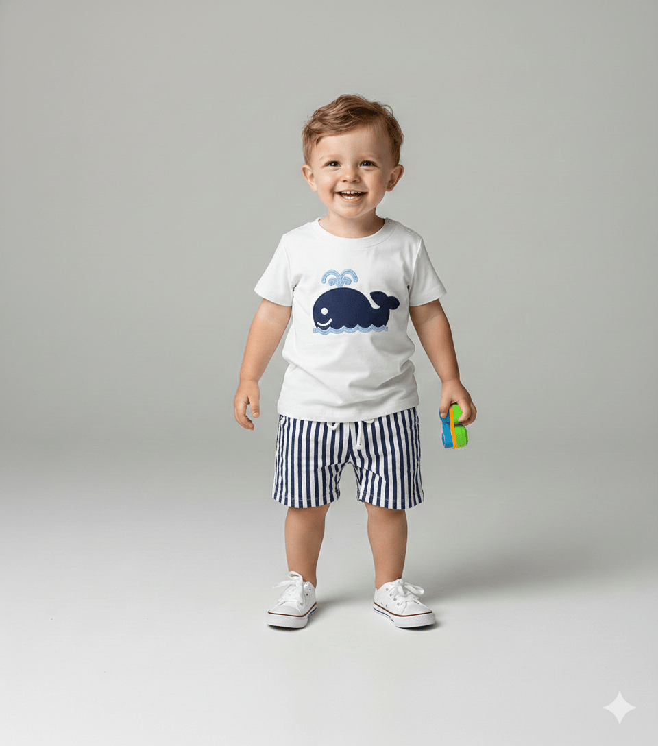 Embroidered T-Shirt & Striped Shorts Set